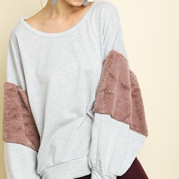 Soft Mauve Fur Bubble Sleeve Oversized Grey Top! - Picture 2 of 9